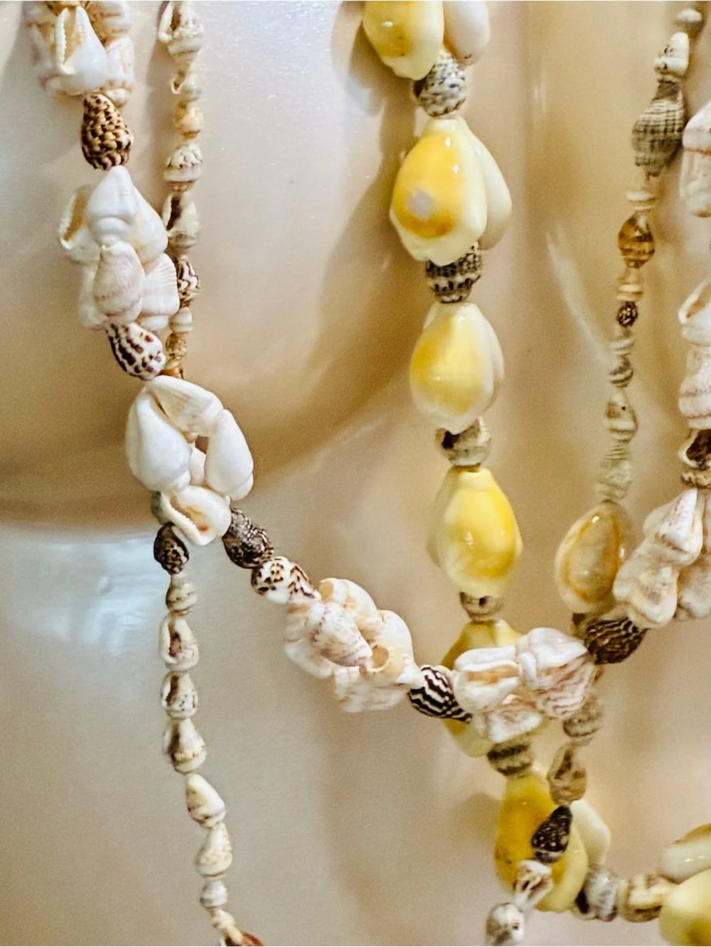 VTG Cowrie Chocker 12k GF & Multi-Strand Shell Bead Necklace in Cream and Yellow